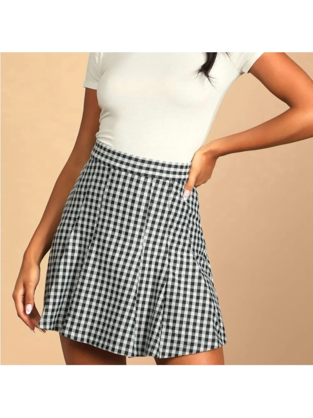Free People Navy Blue & White Gingham Pleated Skater Mini Skirt Size 10